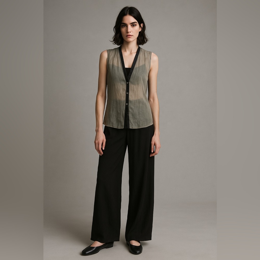 Helmut Lang See Through Top Vest Large Olive Khaki Black Trim Buttons Rare $395